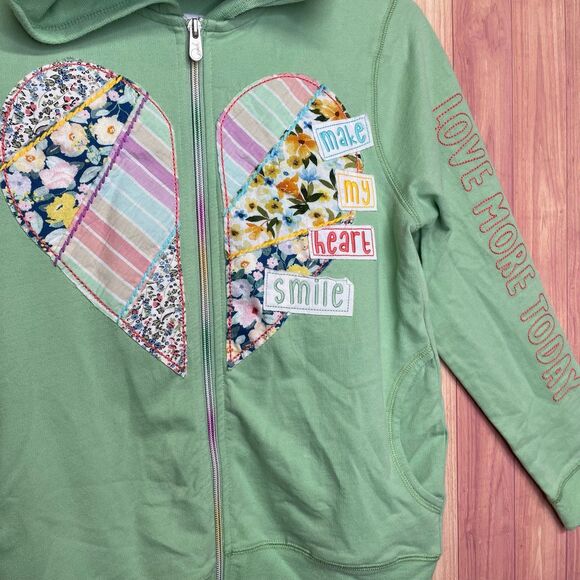 Peek Hoodie Zip Up Patchwork Green Heart Long Sleeve Embroidery Flowers Size 12 - Picture 3 of 7